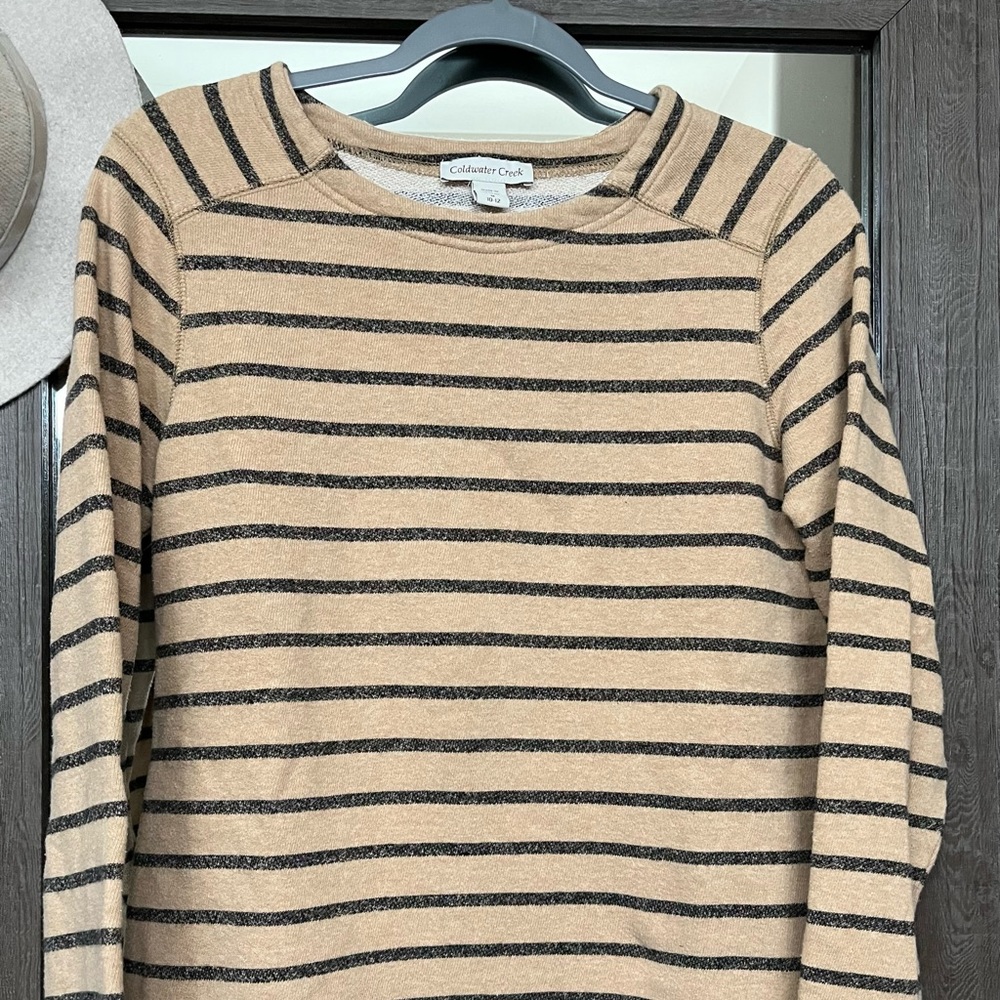 Coldwater Creek Stripe Sweat Shirt Top Tan Black Size Medium